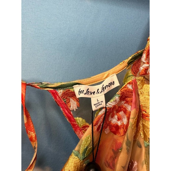 For Love & Lemons Floral Mini Dress Large Golden Yellow Plunge Short Sleeve Nwt - Picture 10 of 15